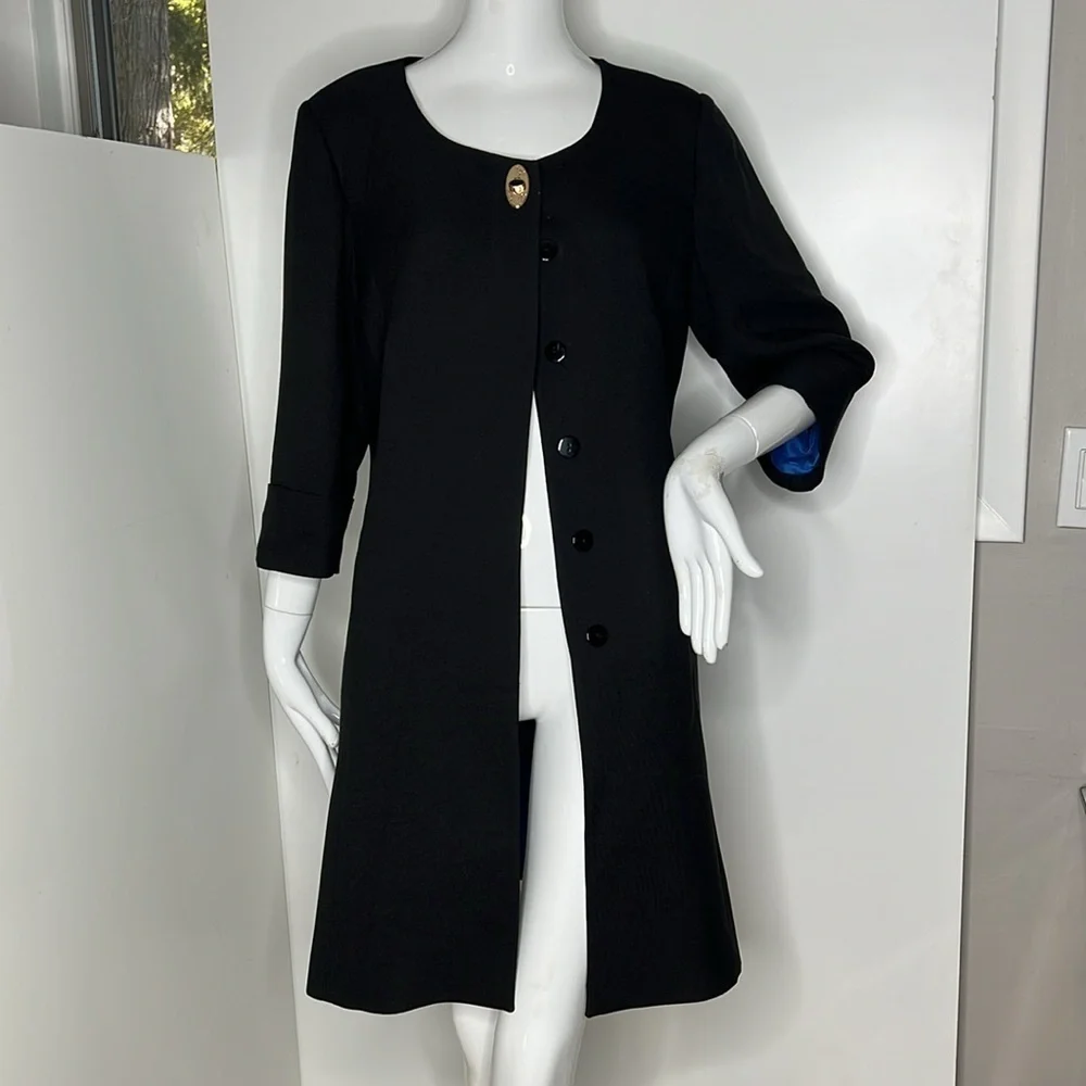 Bona Vita Sz 46 Black Blue Satin Lined 3/4 Sleeve Button Over Coat
